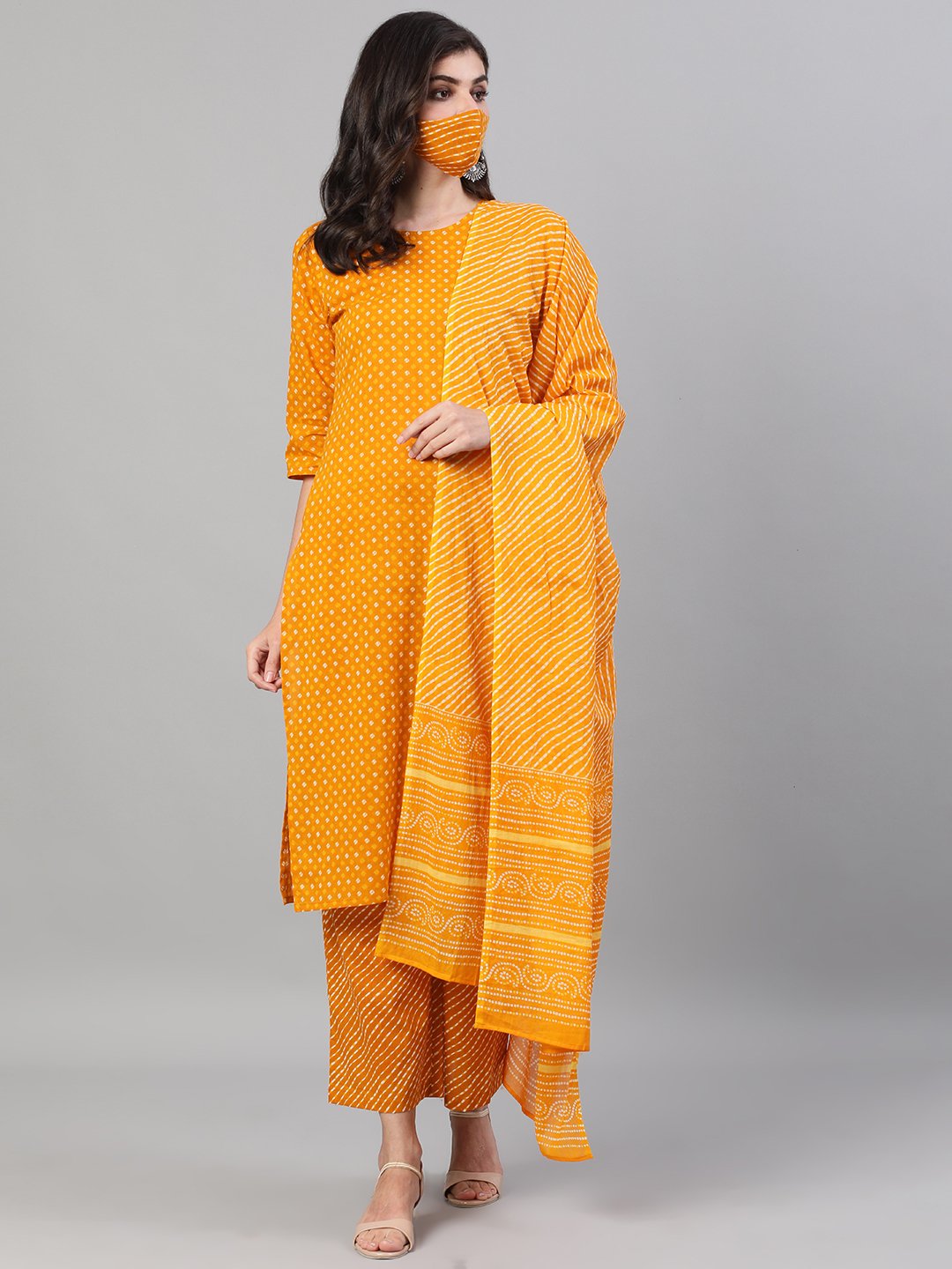 Women Yellow Three-Quarter Sleeves Printed Kurta-Palazzo With Pockets Dupatta And Fask Mask | LASVINI - Redefining Indian Fashion with Elegance