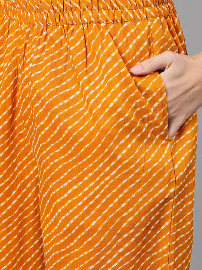 Women Yellow Three-Quarter Sleeves Printed Kurta-Palazzo With Pockets Dupatta And Fask Mask | LASVINI - Redefining Indian Fashion with Elegance