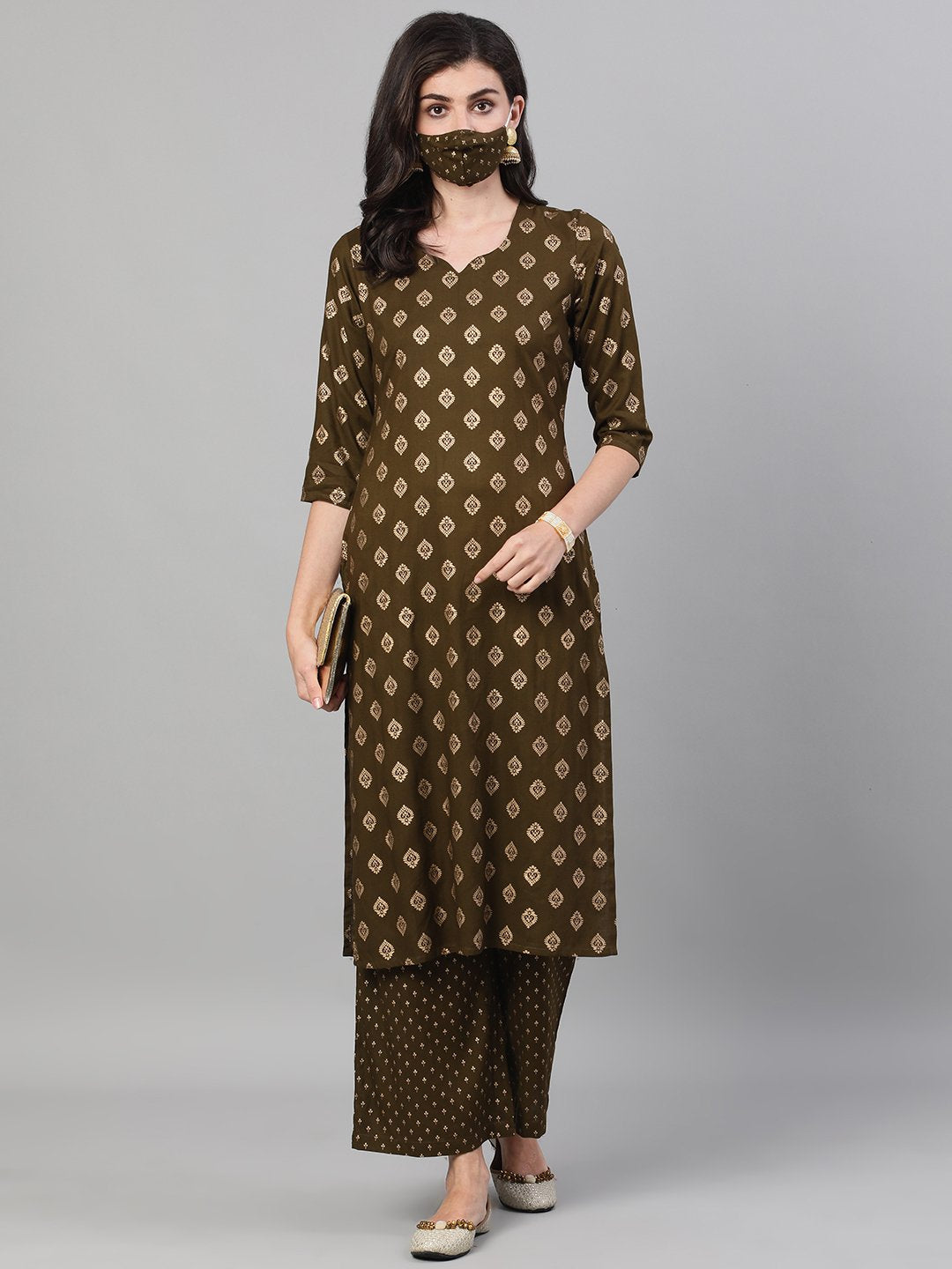 Women Mehendi Green Three-Quarter Sleeves Gold Printed Kurta-Palazzo With Pockets And Fask Mask | LASVINI - Redefining Indian Fashion with Elegance