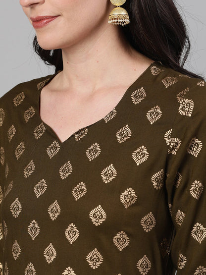 Women Mehendi Green Three-Quarter Sleeves Gold Printed Kurta-Palazzo With Pockets And Fask Mask | LASVINI - Redefining Indian Fashion with Elegance