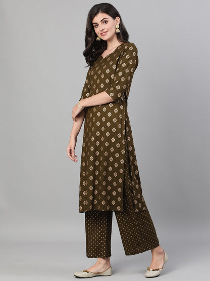 Women Mehendi Green Three-Quarter Sleeves Gold Printed Kurta-Palazzo With Pockets And Fask Mask | LASVINI - Redefining Indian Fashion with Elegance