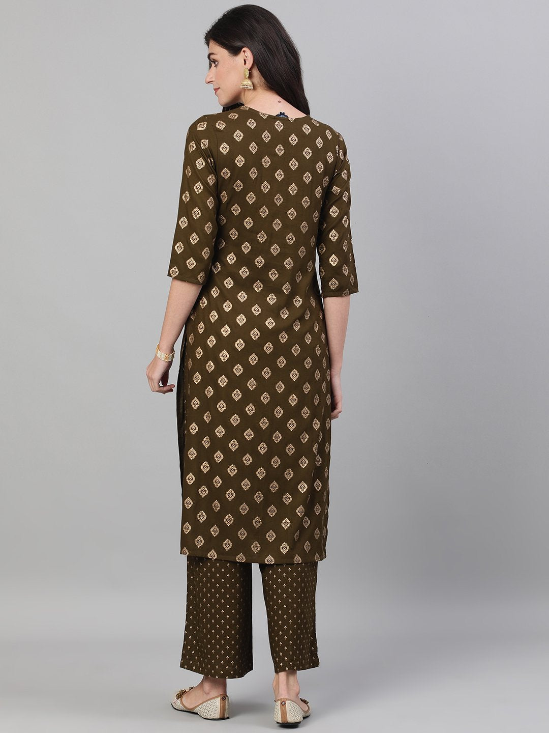 Women Mehendi Green Three-Quarter Sleeves Gold Printed Kurta-Palazzo With Pockets And Fask Mask | LASVINI - Redefining Indian Fashion with Elegance