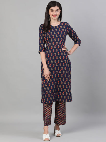 Women Blue Three-Quarter Sleeves Floral Printed Kurta And Palazzo With Pockets | LASVINI - Redefining Indian Fashion with Elegance