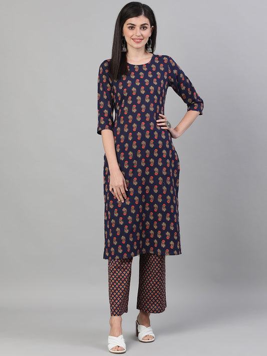 Women Blue Three-Quarter Sleeves Floral Printed Kurta And Palazzo With Pockets | LASVINI - Redefining Indian Fashion with Elegance