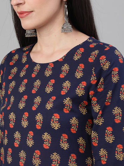 Women Blue Three-Quarter Sleeves Floral Printed Kurta And Palazzo With Pockets | LASVINI - Redefining Indian Fashion with Elegance