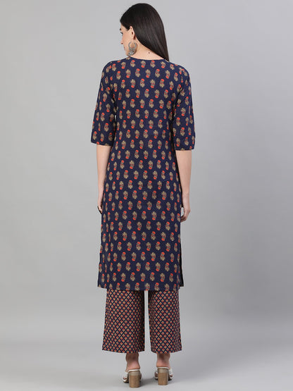 Women Blue Three-Quarter Sleeves Floral Printed Kurta And Palazzo With Pockets | LASVINI - Redefining Indian Fashion with Elegance