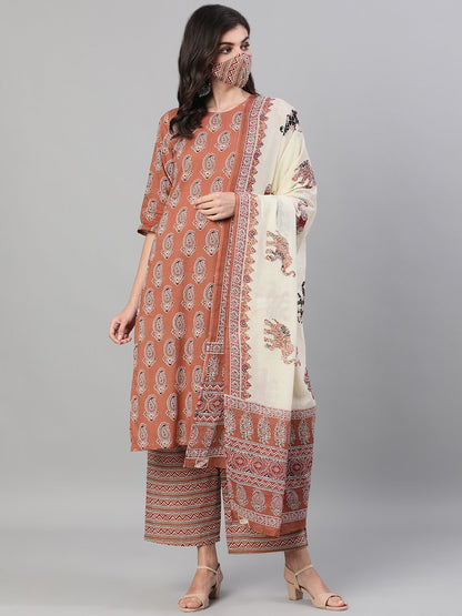 Women Rose Gold Three-Quarter Sleeves Printed Kurta-Palazzo With Pockets Dupatta And Face Mask | LASVINI - Redefining Indian Fashion with Elegance