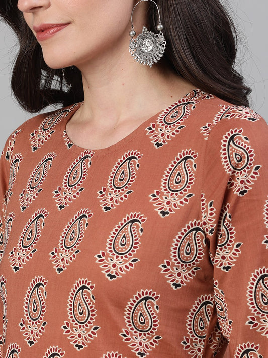 Women Rose Gold Three-Quarter Sleeves Printed Kurta-Palazzo With Pockets Dupatta And Face Mask | LASVINI - Redefining Indian Fashion with Elegance
