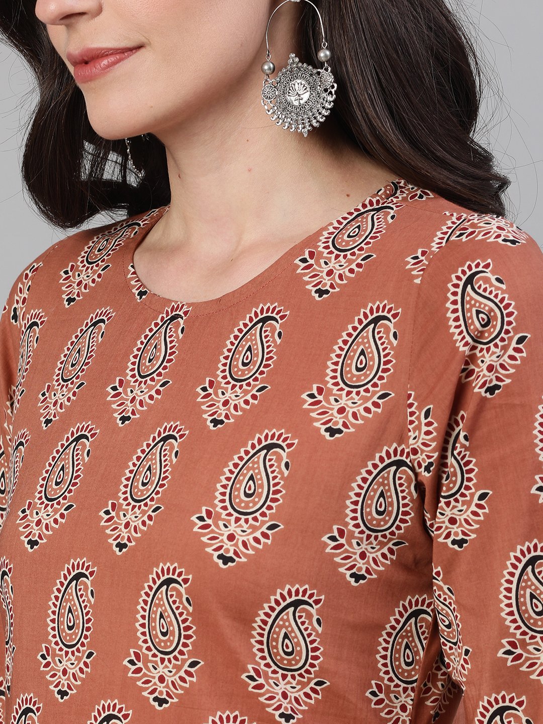 Women Rose Gold Three-Quarter Sleeves Printed Kurta-Palazzo With Pockets Dupatta And Face Mask | LASVINI - Redefining Indian Fashion with Elegance