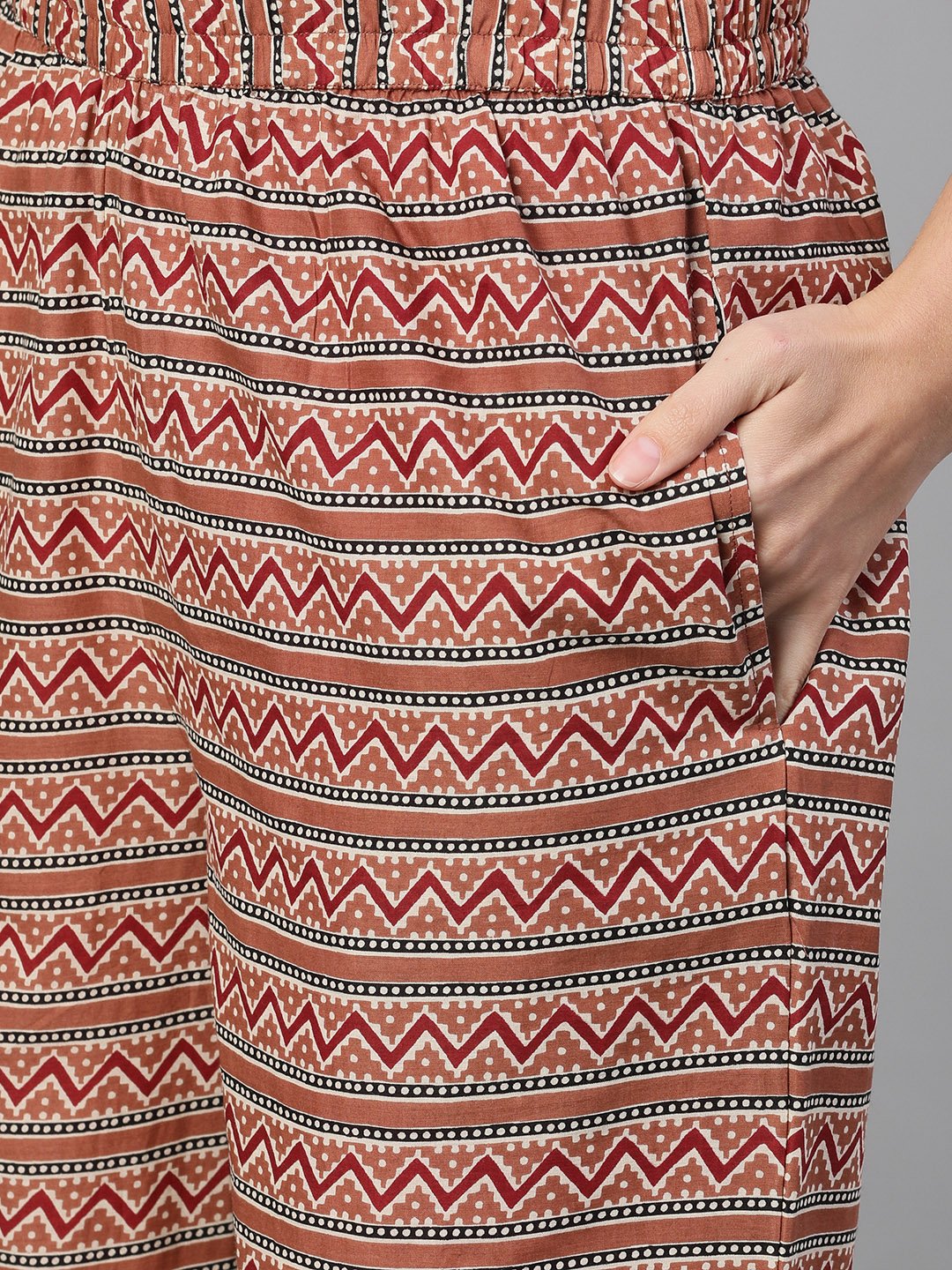 Women Rose Gold Three-Quarter Sleeves Printed Kurta-Palazzo With Pockets Dupatta And Face Mask | LASVINI - Redefining Indian Fashion with Elegance