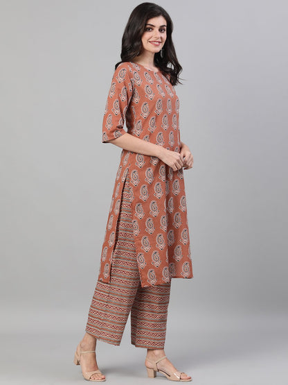 Women Rose Gold Three-Quarter Sleeves Printed Kurta-Palazzo With Pockets Dupatta And Face Mask | LASVINI - Redefining Indian Fashion with Elegance