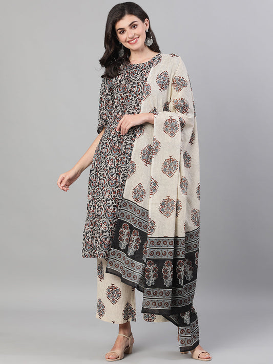 Women Black And White Three-Quarter Sleeves Printed Kurta-Palazzo With Pockets Dupatta And Face Mask | LASVINI - Redefining Indian Fashion with Elegance