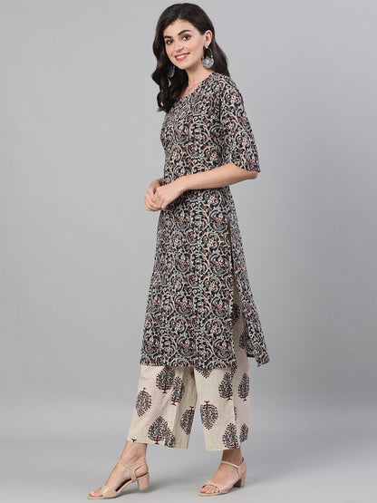 Women Black And White Three-Quarter Sleeves Printed Kurta-Palazzo With Pockets Dupatta And Face Mask | LASVINI - Redefining Indian Fashion with Elegance