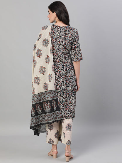 Women Black And White Three-Quarter Sleeves Printed Kurta-Palazzo With Pockets Dupatta And Face Mask | LASVINI - Redefining Indian Fashion with Elegance