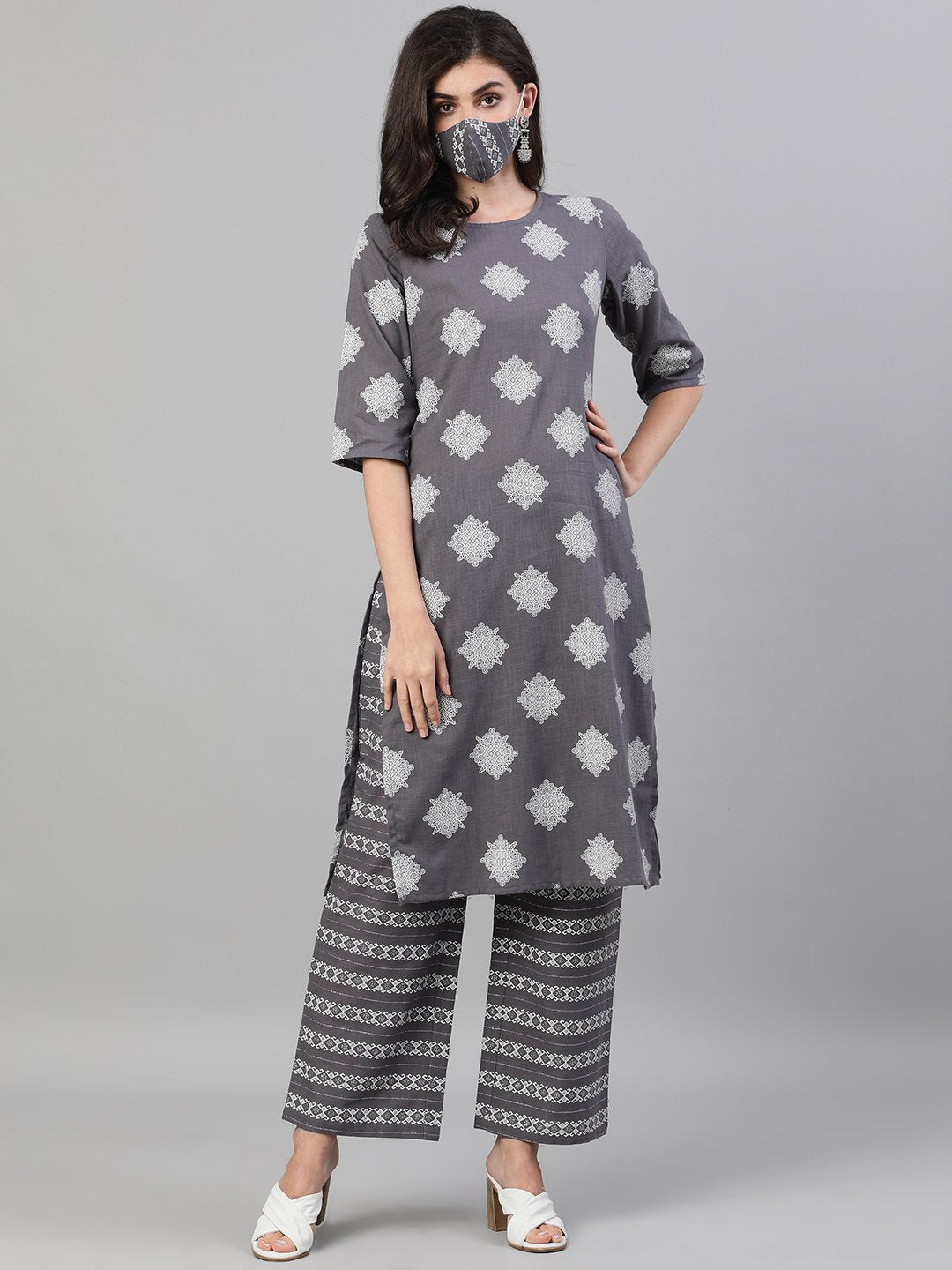 Women Steel Grey Three-Quarter Sleeves Printed Kurta-Palazzo With Pockets And Face Mask | LASVINI - Redefining Indian Fashion with Elegance