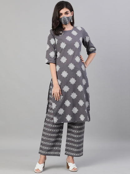 Women Steel Grey Three-Quarter Sleeves Printed Kurta-Palazzo With Pockets And Face Mask | LASVINI - Redefining Indian Fashion with Elegance
