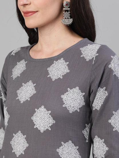 Women Steel Grey Three-Quarter Sleeves Printed Kurta-Palazzo With Pockets And Face Mask | LASVINI - Redefining Indian Fashion with Elegance