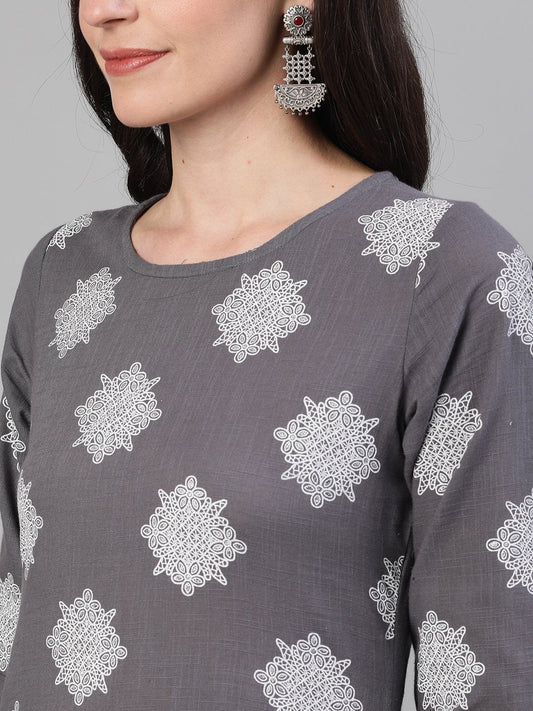 Women Steel Grey Three-Quarter Sleeves Printed Kurta-Palazzo With Pockets And Face Mask | LASVINI - Redefining Indian Fashion with Elegance