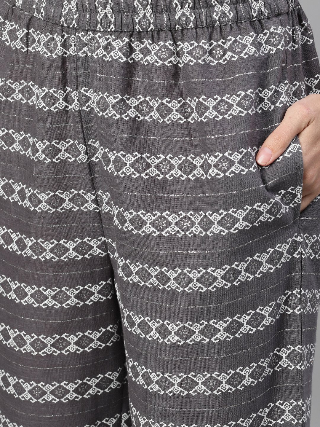 Women Steel Grey Three-Quarter Sleeves Printed Kurta-Palazzo With Pockets And Face Mask | LASVINI - Redefining Indian Fashion with Elegance