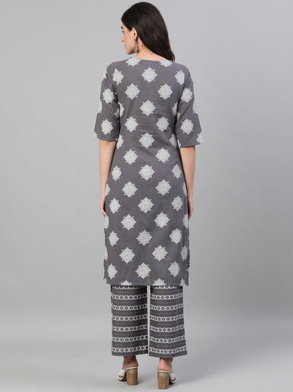 Women Steel Grey Three-Quarter Sleeves Printed Kurta-Palazzo With Pockets And Face Mask | LASVINI - Redefining Indian Fashion with Elegance