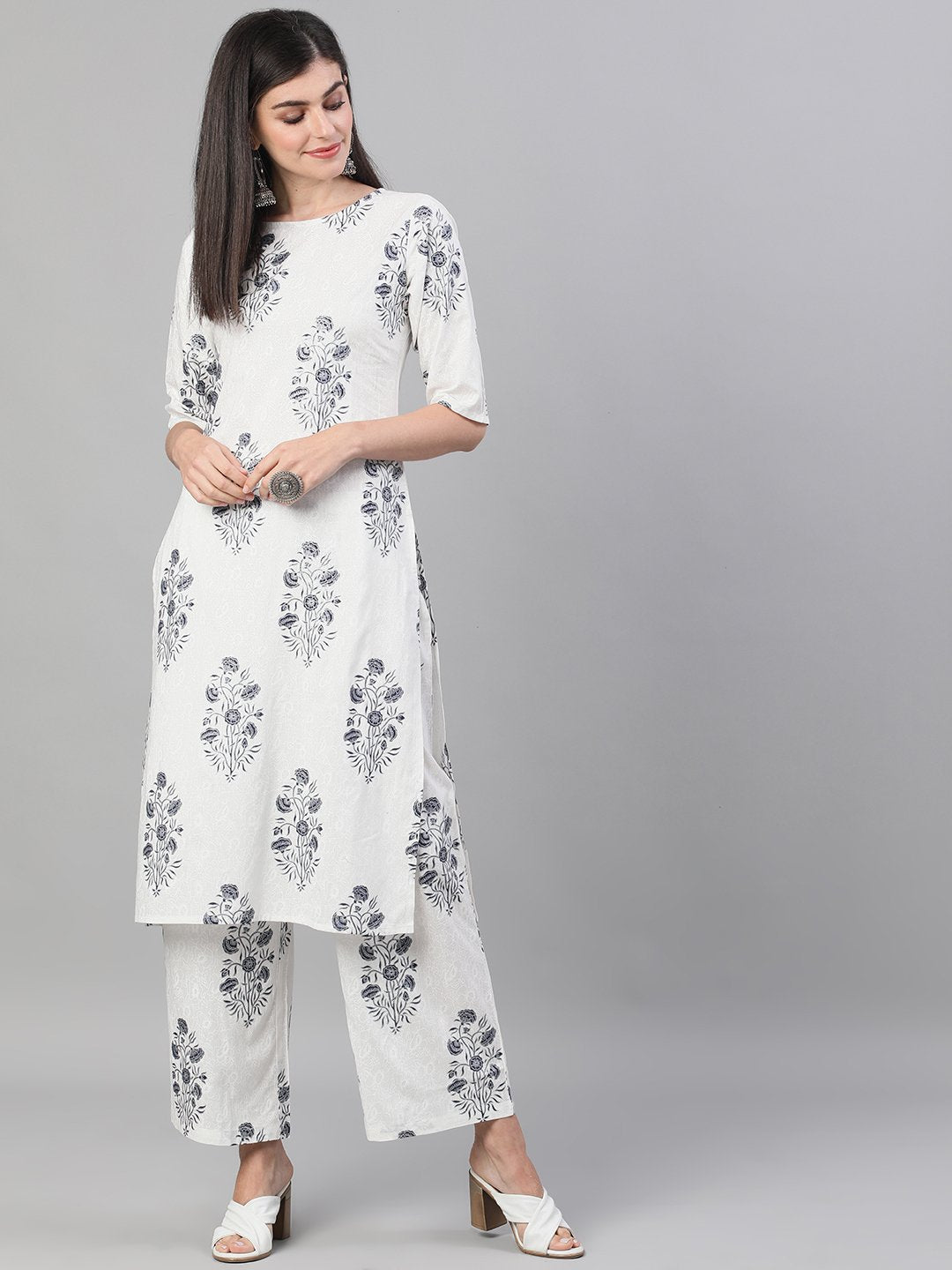 Women White And Blue Three-Quarter Sleeves Printed Kurta-Palazzo With Pockets | LASVINI - Redefining Indian Fashion with Elegance