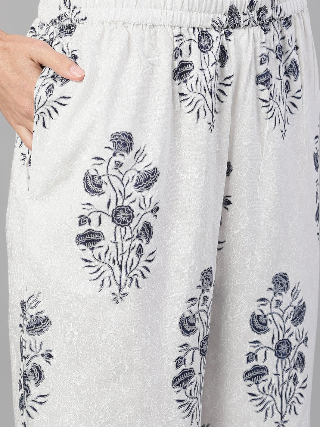 Women White And Blue Three-Quarter Sleeves Printed Kurta-Palazzo With Pockets | LASVINI - Redefining Indian Fashion with Elegance