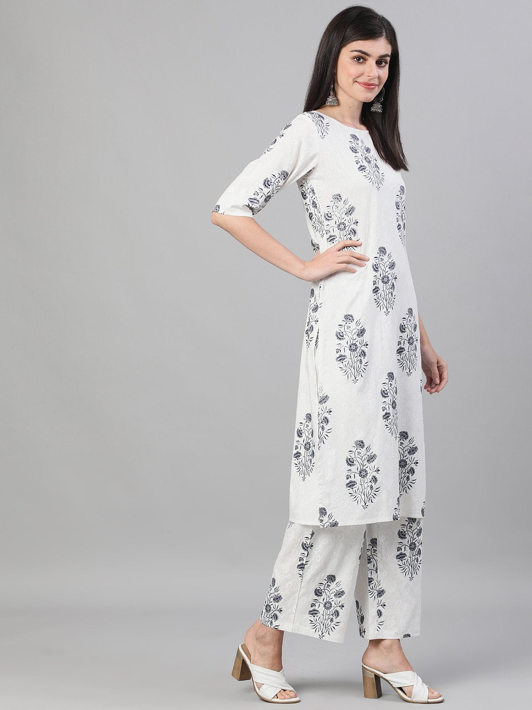 Women White And Blue Three-Quarter Sleeves Printed Kurta-Palazzo With Pockets | LASVINI - Redefining Indian Fashion with Elegance