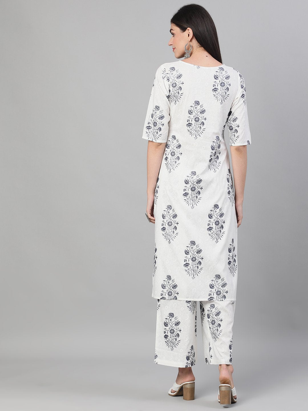 Women White And Blue Three-Quarter Sleeves Printed Kurta-Palazzo With Pockets | LASVINI - Redefining Indian Fashion with Elegance