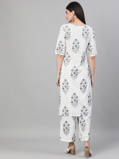Women White And Blue Three-Quarter Sleeves Printed Kurta-Palazzo With Pockets | LASVINI - Redefining Indian Fashion with Elegance