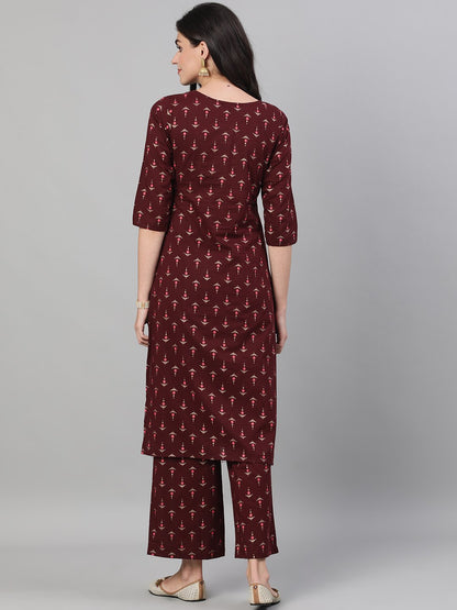 Women Wine Three-Quarter Sleeves Printed Kurta-Palazzo With Pockets And Face Mask | LASVINI - Redefining Indian Fashion with Elegance
