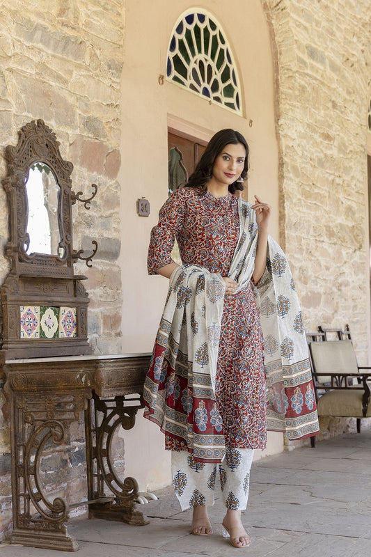 Women Maroon & Cream Printed Straight Kurta Plazzo With Printed Dupatta | LASVINI - Redefining Indian Fashion with Elegance