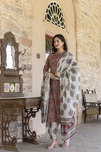 Women Maroon & Cream Printed Straight Kurta Plazzo With Printed Dupatta | LASVINI - Redefining Indian Fashion with Elegance