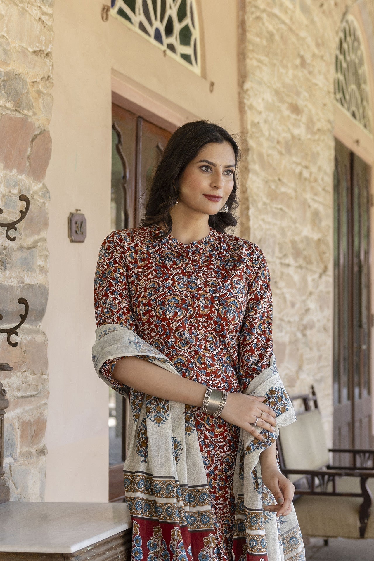 Women Maroon & Cream Printed Straight Kurta Plazzo With Printed Dupatta | LASVINI - Redefining Indian Fashion with Elegance