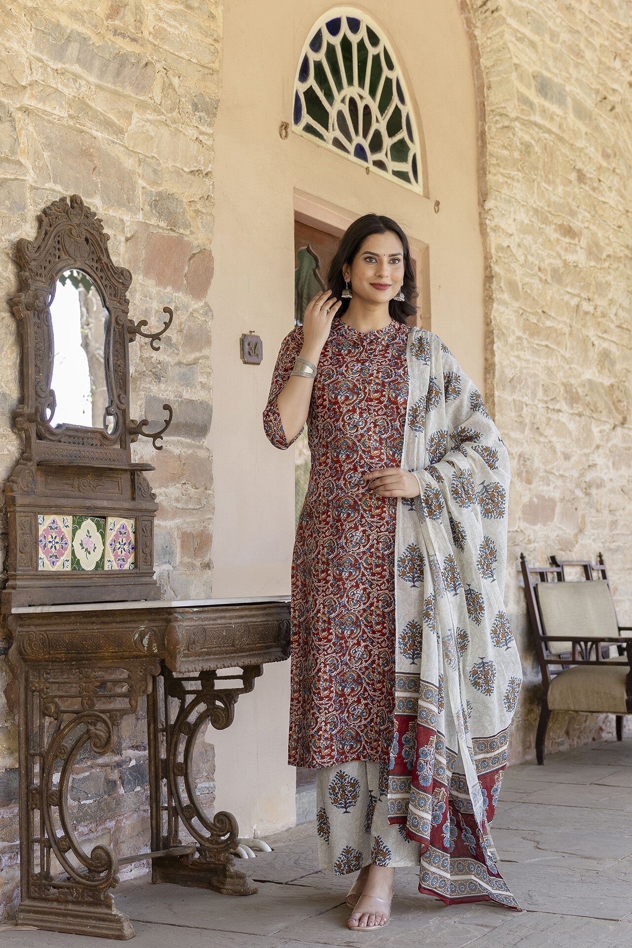 Women Maroon & Cream Printed Straight Kurta Plazzo With Printed Dupatta | LASVINI - Redefining Indian Fashion with Elegance