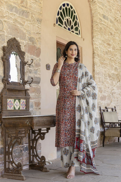 Women Maroon & Cream Printed Straight Kurta Plazzo With Printed Dupatta | LASVINI - Redefining Indian Fashion with Elegance