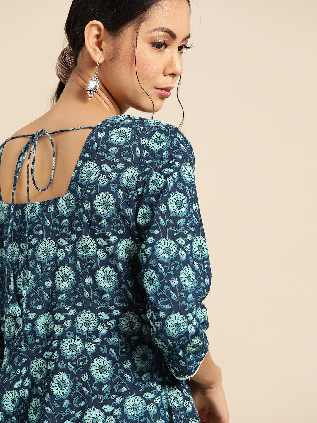 Womens Indigo Floral Printed Flared Dress With Round Neck & Three Quarters Sleeves | LASVINI - Redefining Indian Fashion with Elegance
