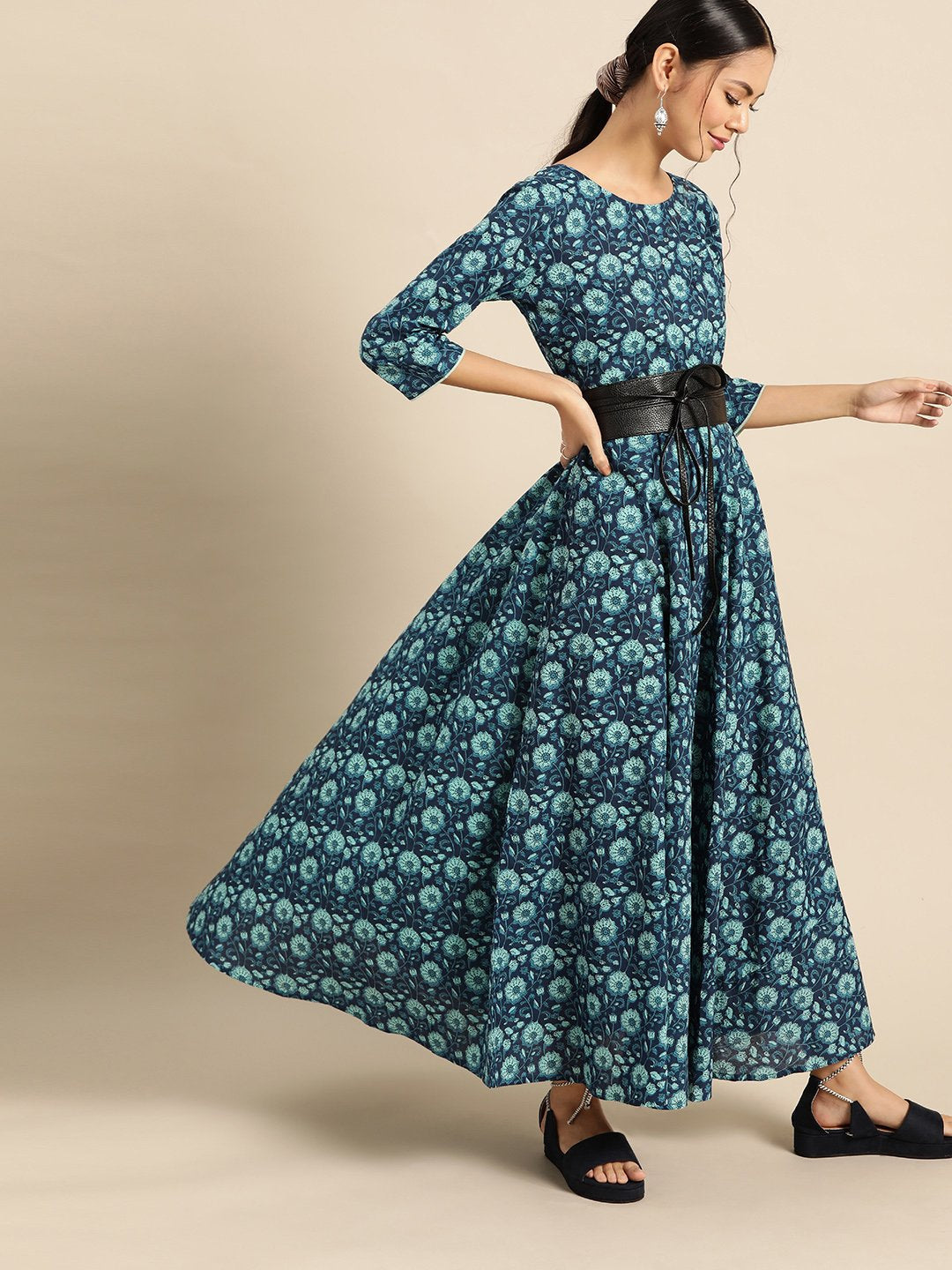 Womens Indigo Floral Printed Flared Dress With Round Neck & Three Quarters Sleeves | LASVINI - Redefining Indian Fashion with Elegance
