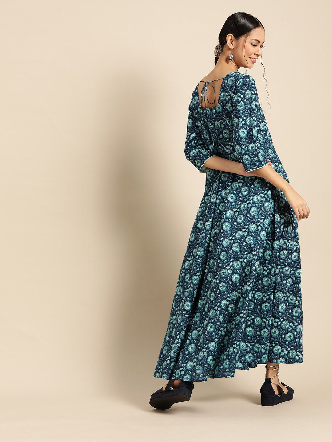 Womens Indigo Floral Printed Flared Dress With Round Neck & Three Quarters Sleeves | LASVINI - Redefining Indian Fashion with Elegance