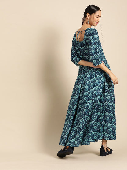 Womens Indigo Floral Printed Flared Dress With Round Neck & Three Quarters Sleeves | LASVINI - Redefining Indian Fashion with Elegance