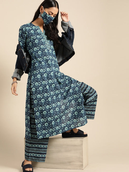Women Indigo Three-Quarter Sleeves Straight Kurta With Palazzo | LASVINI - Redefining Indian Fashion with Elegance