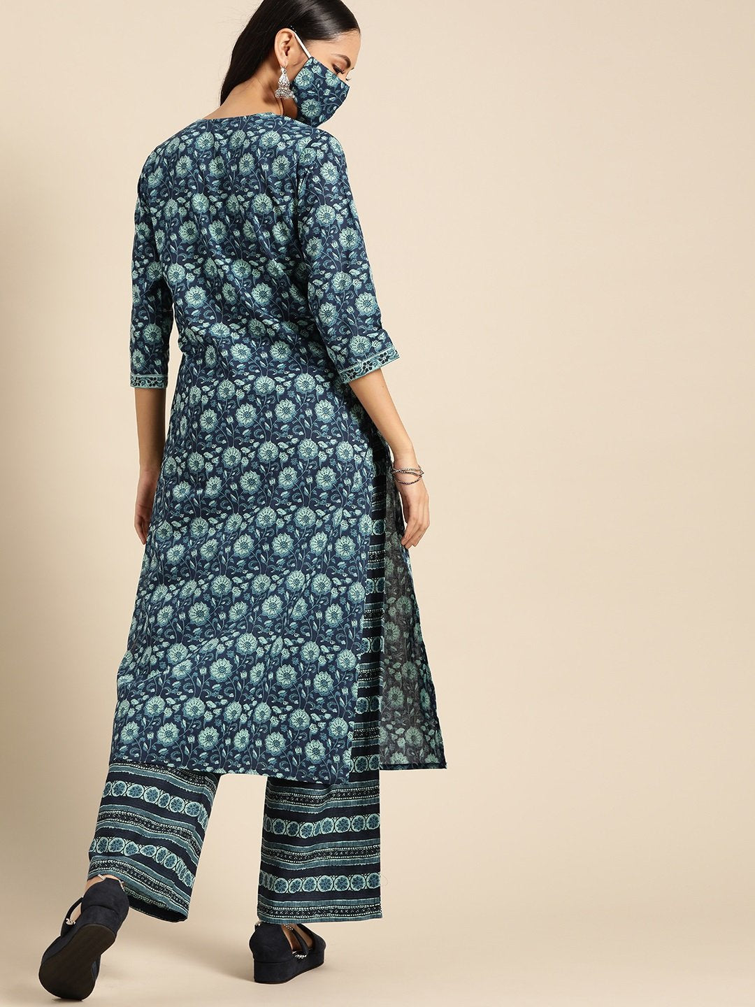 Women Indigo Three-Quarter Sleeves Straight Kurta With Palazzo | LASVINI - Redefining Indian Fashion with Elegance