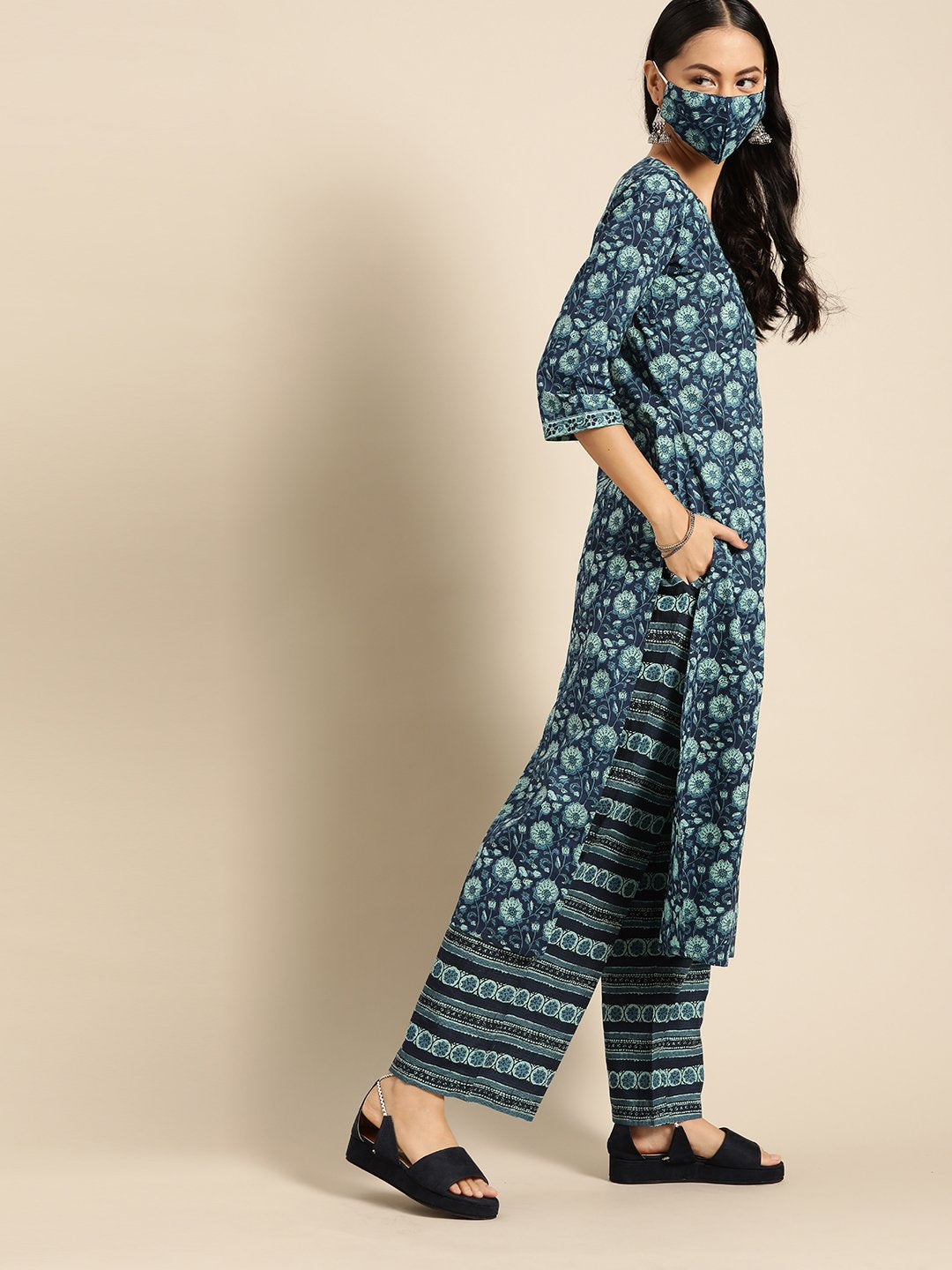 Women Indigo Three-Quarter Sleeves Straight Kurta With Palazzo | LASVINI - Redefining Indian Fashion with Elegance