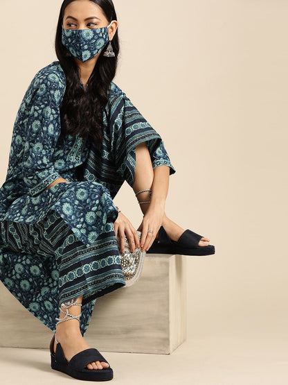 Women Indigo Three-Quarter Sleeves Straight Kurta With Palazzo | LASVINI - Redefining Indian Fashion with Elegance