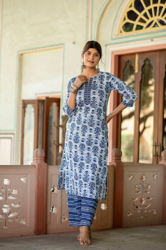 Women White & Indigo Three-Quarter Sleeves Straight Kurta With Palazzo | LASVINI - Redefining Indian Fashion with Elegance