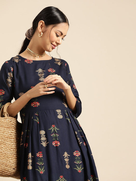 Womens Navy Blue Gold Printed Dress With Boat Neck & Three Quarter Sleeves | LASVINI - Redefining Indian Fashion with Elegance