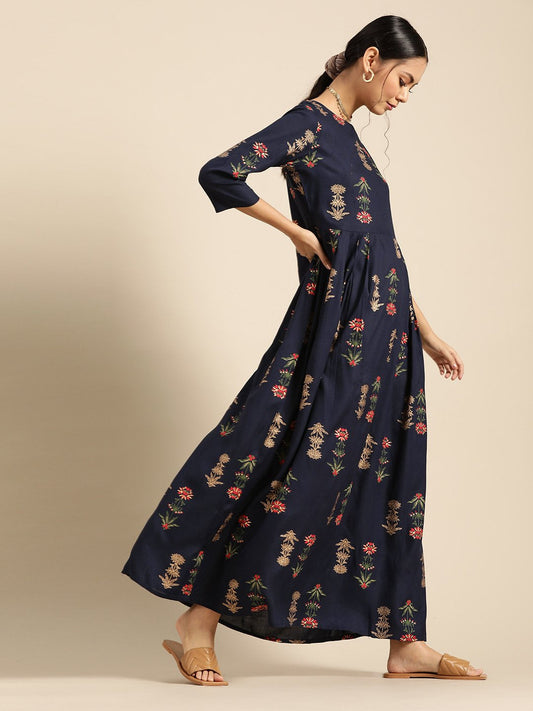 Womens Navy Blue Gold Printed Dress With Boat Neck & Three Quarter Sleeves | LASVINI - Redefining Indian Fashion with Elegance