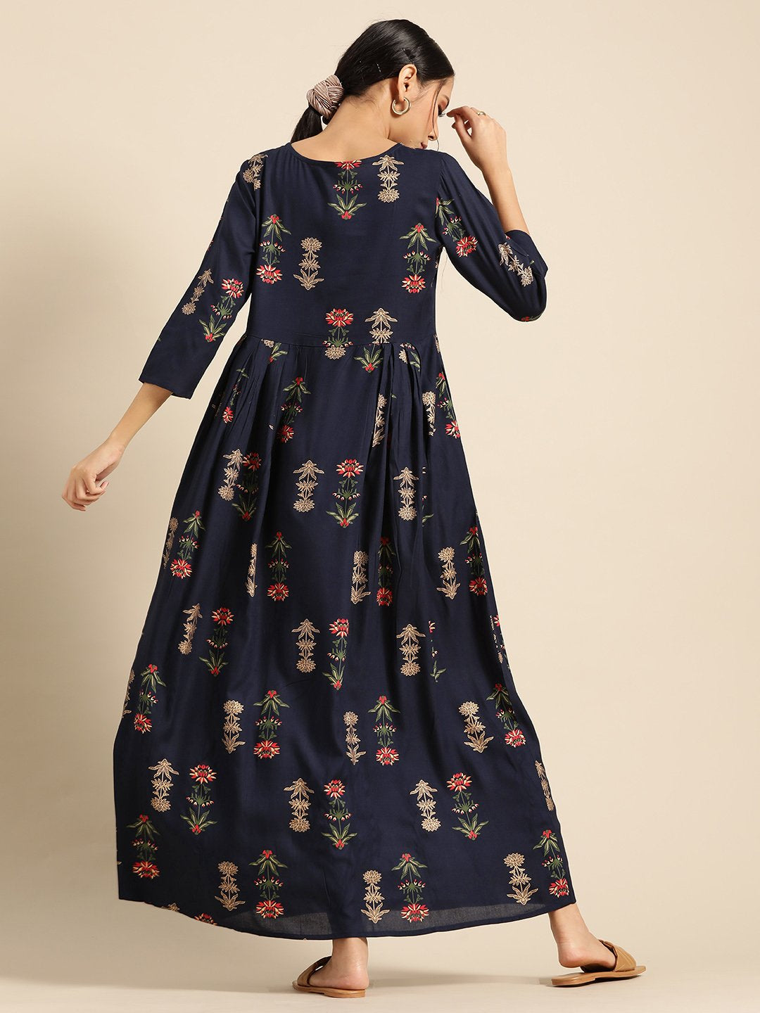 Womens Navy Blue Gold Printed Dress With Boat Neck & Three Quarter Sleeves | LASVINI - Redefining Indian Fashion with Elegance