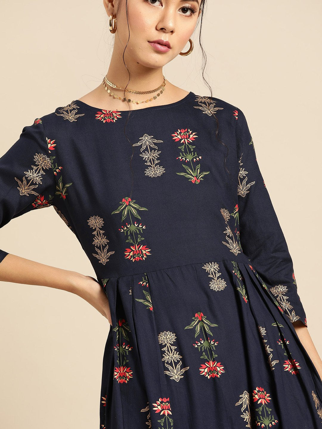 Womens Navy Blue Gold Printed Dress With Boat Neck & Three Quarter Sleeves | LASVINI - Redefining Indian Fashion with Elegance