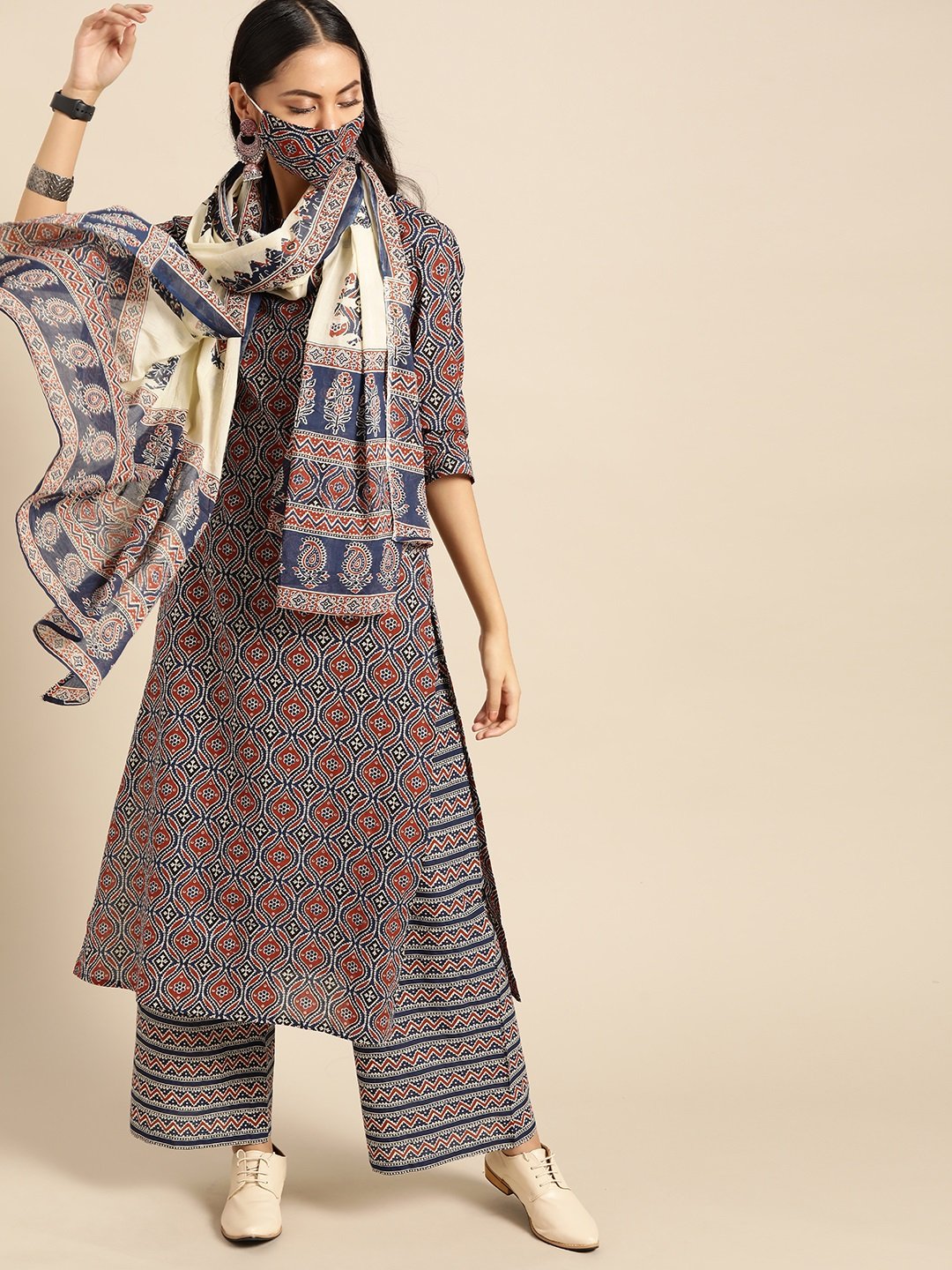 Women Red & Indigo Three-Quarter Sleeves Straight Kurta With Palazzo & Printed Dupatta | LASVINI - Redefining Indian Fashion with Elegance