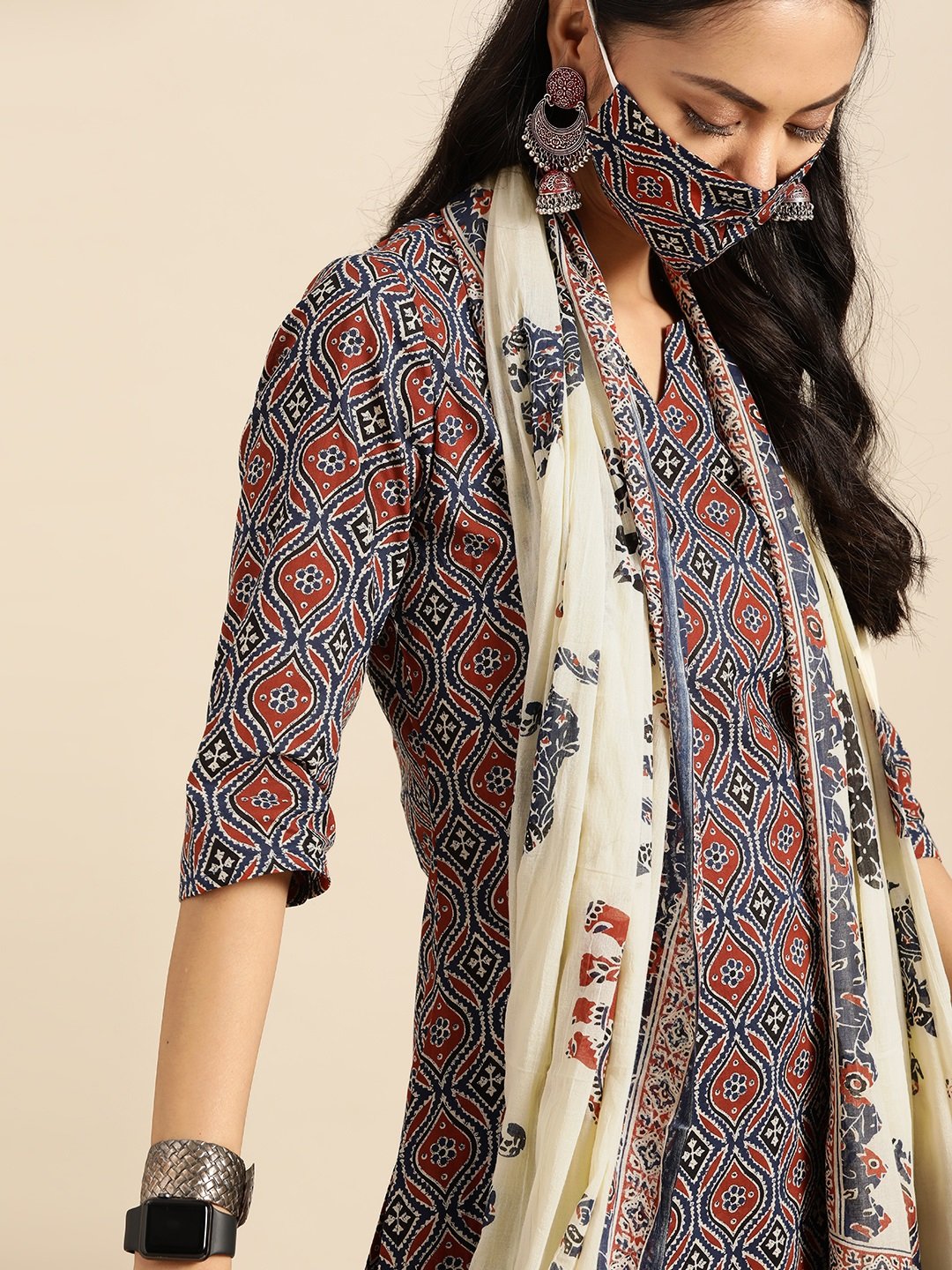 Women Red & Indigo Three-Quarter Sleeves Straight Kurta With Palazzo & Printed Dupatta | LASVINI - Redefining Indian Fashion with Elegance